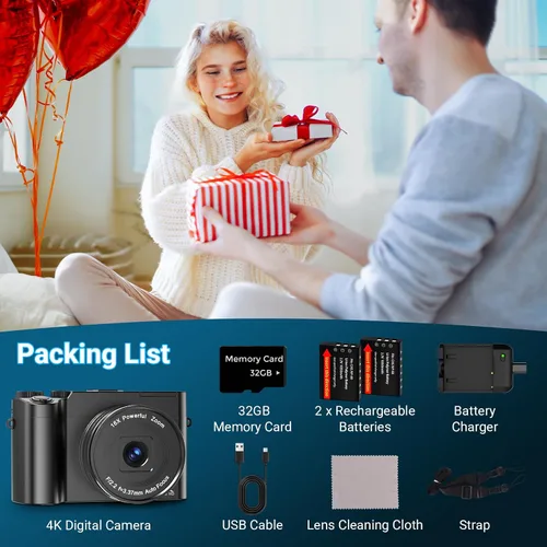 Miniatura 8 de Cámara digital 4K para fotografía y vlogging, cámara de video de YouTube compacta de enfoque automático de 64 MP con lente dual IPS de 3 pulgadas