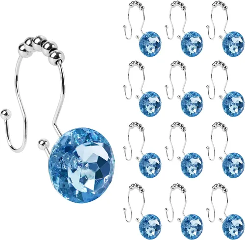 Miniatura 28 de Sunlit Diseño de Lujo Redondo Aqua Azul Diamante Cristal Gema Bling con Bolas Deslizantes Ganchos para Cortina de Ducha, Anillos para Cortina