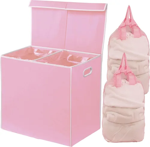 Simple Houseware - Cesta doble para la ropa sucia, con tapa y bolsas extraíbles, Rosa