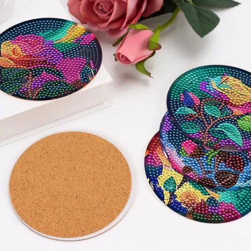 Miniatura 6 de 8 piezas de posavasos de arte de diamante con soporte, posavasos de arte de diamante DIY con flores de peonía y rosa de aceite para bebidas, kits