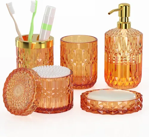 Miniatura 9 de Juego de accesorios de baño rosa intenso de vidrio 5 piezas, juego de baño rosa intenso, juego de dispensador de jabón y soporte para cepillo