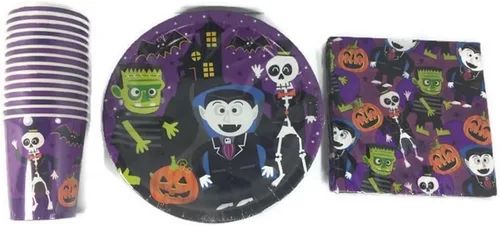 Drácula, Frankenstein y Skeltons, Oh My! Paquete de suministros desechables para fiestas. 3 artículos: platos de papel, servilletas y tazas. Sirve 18