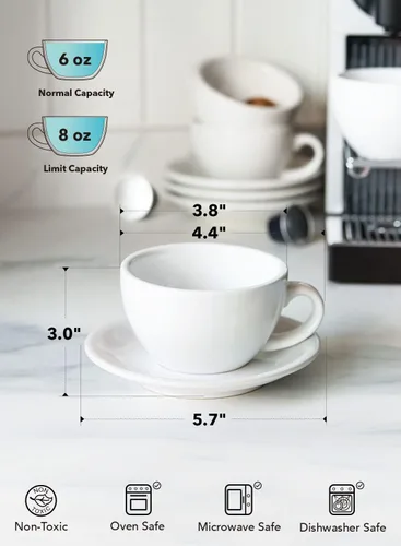 Miniatura 6 de LE TAUCI Juego de 4 tazas de capuchino de 6 onzas con platillos, juego de 4 tazas de café de cerámica y platillos para café con leche, Au Lait