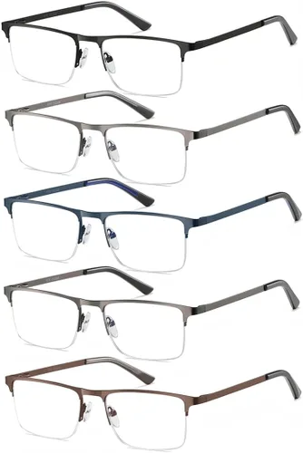 EYECEDAR Paquete de 5 lentes de lectura con bloqueo de luz azul, lentes de computadora para hombre, medio marco de metal, bisagras de resorte, 5