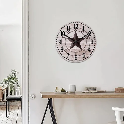 Miniatura 5 de Reloj de pared clásico de estilo rústico con estrella de Texas occidental, reloj analógico de madera silencioso sin tictac, funciona