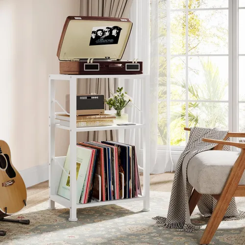 Miniatura 2 de Hosfais Soporte para tocadiscos de 3 niveles, mesa auxiliar de almacenamiento para discos de vinilo retro con estante para registros para sala