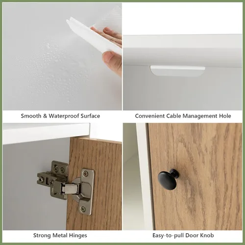 Miniatura 10 de Tangkula Juego de 2 mesitas de noche, mesa auxiliar de madera para sofá con puerta de bambú y compartimentos abiertos, mesa de noche multifuncional