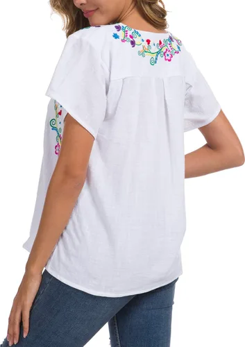 Miniatura 6 de YZXDORWJ - Blusa mexicana bordada para mujer - Camisa de verano manga corta