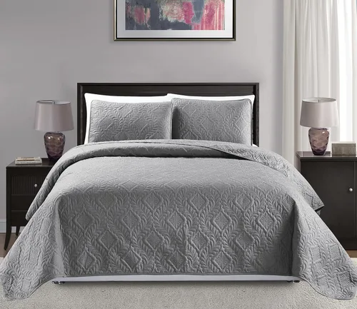 Mk Collection King/California King Tamaño Extra Grande 118"x106" Colcha Cubrecama de 3 Piezas con Diseño de Diamantes en Relieve Gris Sólido Nuevo