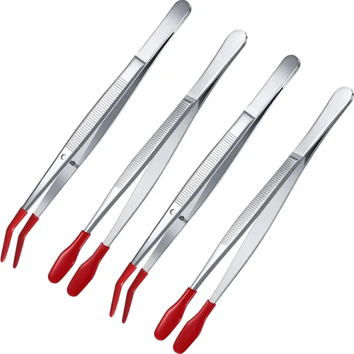 Honoson 4 pinzas con punta de goma, pinzas de punta de silicona de PVC, pinzas planas y dobladas para laboratorio, joyería industrial, manualidades,