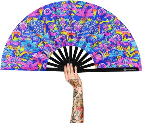 Miniatura 15 de Ventilador plegable grande, ventilador Clack Rave de 13 pulgadas, ventilador de mano para mujeres y hombres con tela de satén de alta calidad, marco