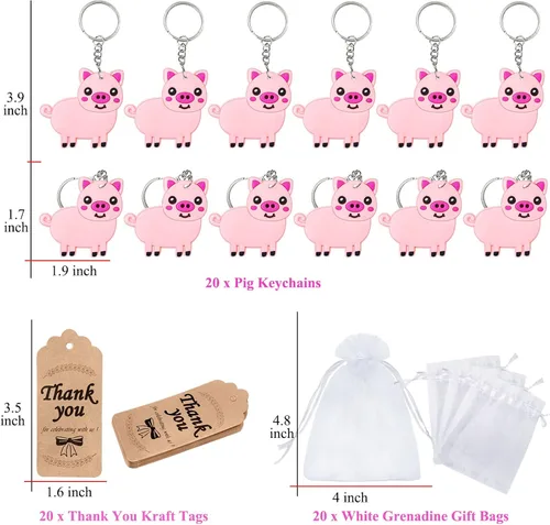Miniatura 6 de Paquete de 60 recuerdos de fiesta de animales con 20 llaveros de cerdo, 20 etiquetas, 20 bolsas para amantes de los animales de granja, baby shower