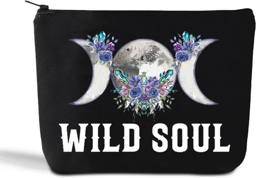 LEVLO Bolsa de maquillaje cosmética de fase lunar, regalo de bruja luna, bolsa de maquillaje con cremallera para mujeres y niñas, Alma salvaje
