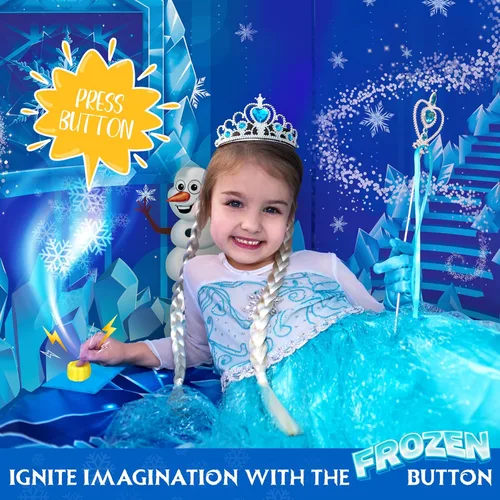 Miniatura 2 de W&O Tienda de campaña de princesa congelada para niñas con botón de sonido mágico, luces LED, corona y varita – Tienda de campaña congelada