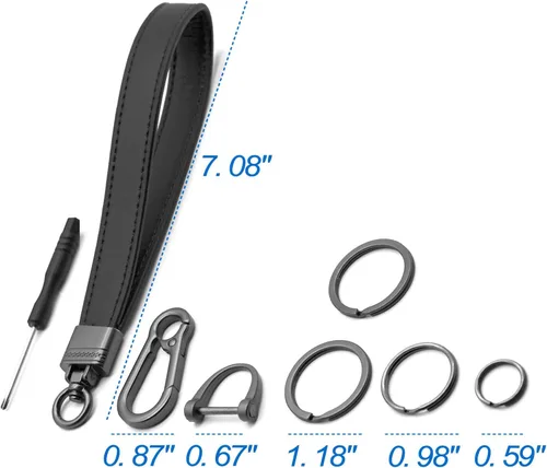 Miniatura 6 de Llavero de cuero genuino para hombre y mujer, giratorio de 360 grados, con anillo en D antipérdida, clip de mosquetón y 4 llaveros, oscuro y negro