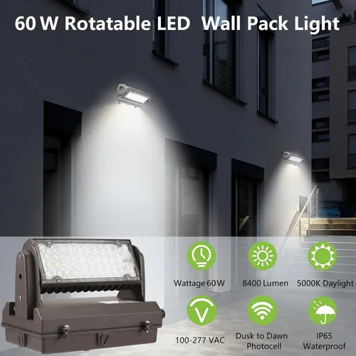 Miniatura 2 de Paquete de luz LED giratoria de 60 W del atardecer al amanecer, 5000K 8400LM 400-600W equivalente a HPS/HID, cabezal ajustable ETL, accesorio