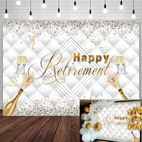 SENDY Telón de fondo de feliz jubilación de 7 x 5 pies con purpurina de diamante dorado plateado para decoración de fiesta, felicitaciones para