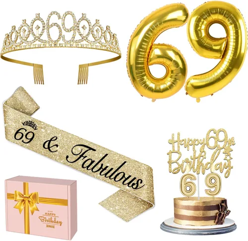 Miniatura 56 de Decoraciones doradas de 70 cumpleaños para mujer con banda y tiara de cumpleaños 70, adorno para pastel y velas, globos de números, regalos de 70