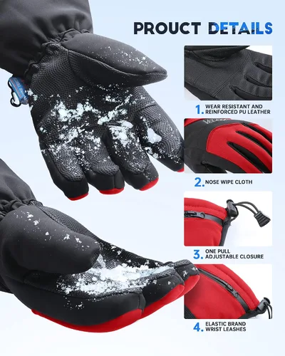 Miniatura 5 de VELAZZIO Guantes de esquí impermeables y transpirables, guantes de snowboard, 3M Thinsulate aislados cálidos guantes de nieve, para hombres y mujeres