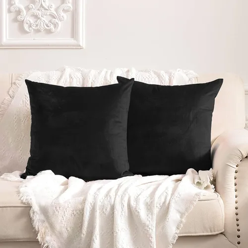 FY FIBER HOUSE Paquete de 2 fundas de almohada de terciopelo decorativas, fundas de cojín suaves y sólidas, 16 x 16 pulgadas, color negro