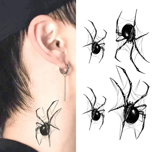 Juego de 2 calcomanías de tatuaje temporal pequeñas y bonitas – Halloween Scary Horror 3D realista 4 piezas de telarañas negras diseños para manos,