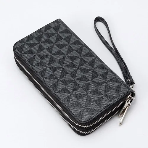 Miniatura 6 de Veki Billetera para mujer con doble cremallera y correa para la muñeca, monedero de cuero para tarjetas de crédito para mujeres y hombres, Negro A