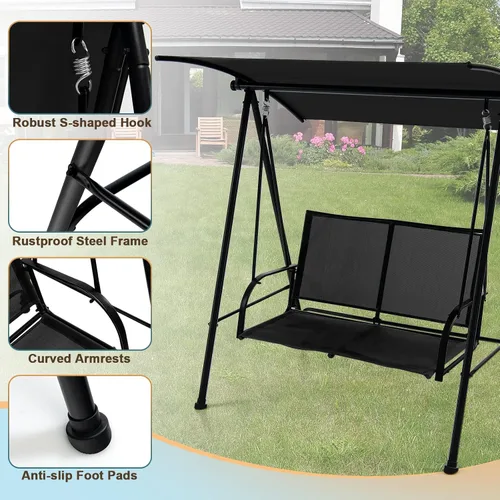 Miniatura 7 de Tangkula Columpio de porche para 2 personas, columpio de patio con toldo ajustable, asiento de tela cómodo y marco de acero resistente, columpio