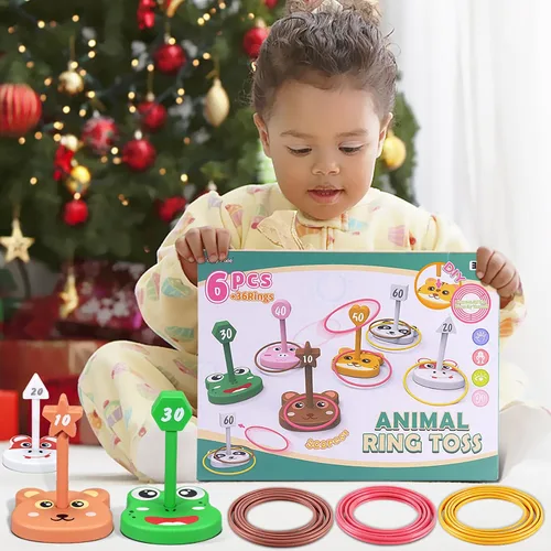 Miniatura 7 de Juego de juguetes de lanzamiento de anillos de animales para niños, 6 soportes y 36 anillos, para interiores y exteriores, fiesta, patio, actividad