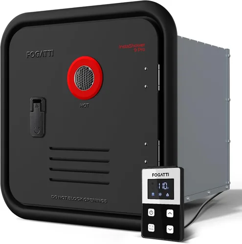 Calentador de agua FOGATTI RV sin tanque, 66,000 BTU máximos, calentador de agua caliente para RV, tanque de mezcla incorporado, puerta negra de