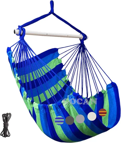 Miniatura 10 de Silla colgante extra grande, 135 × 43.3 in, capacidad de carga de 330.7 lbs, hamaca de algodón con barra de soporte de metal, asiento ancho