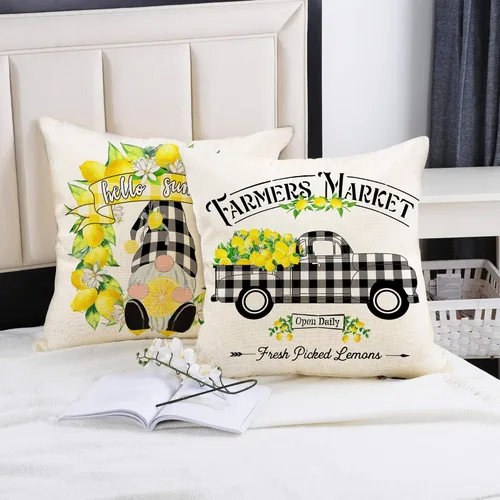 Miniatura 4 de Hexagram Lemon Farmhouse - Juego de 4 fundas de almohada de 16 x 16 pulgadas, fundas decorativas de verano a cuadros de búfalo, fundas de cojín