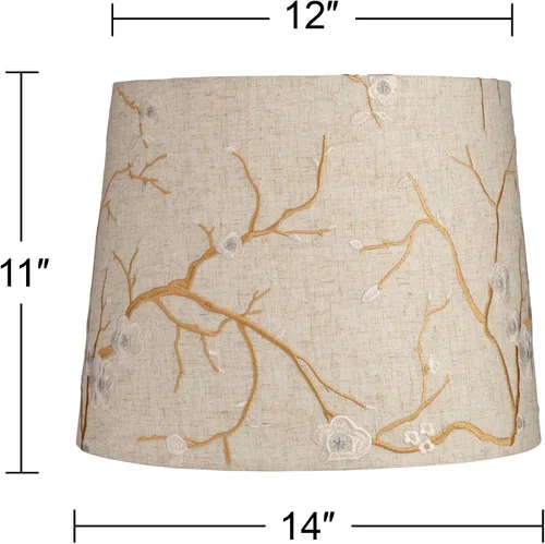 Miniatura 4 de Pantalla de lámpara de tambor grande con bordado de flores de ciruelo beige (premontada) 12 pulgadas superior x 14 pulgadas inferior x 11 pulgadas