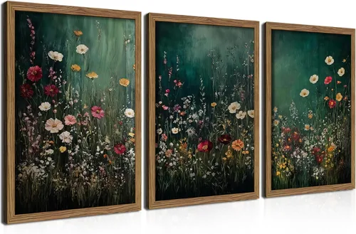 Miniatura 13 de Juego de 3 piezas de arte de pared de montaña colorida boho, pinturas abstractas de paisaje de flores de acuarela, pósters modernos de naturaleza