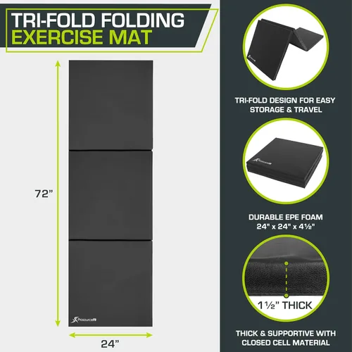 Miniatura 2 de ProSource Tri-Fold Folding Thick Exercise Mat 6’x2’ with Carrying Handles for MMA, Gymnastics, Stretching, Core Workouts