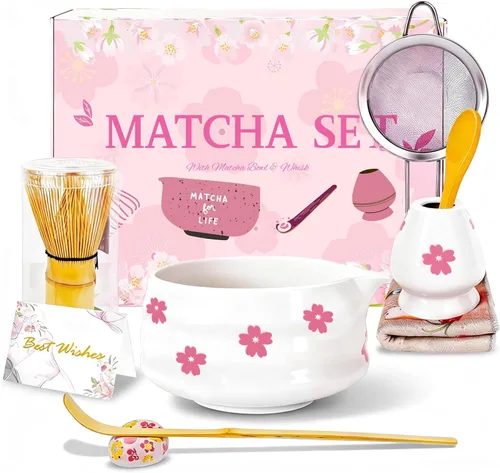 Miniatura 10 de Juego de batidor de matcha rosa con cuenco matcha, 8 piezas lindo juego de matcha, kit completo de fabricación de matcha, soporte para batidor