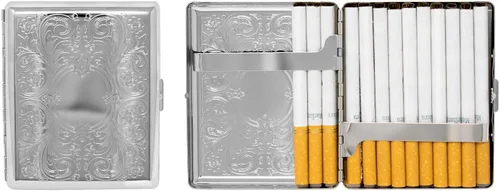 Miniatura 12 de Juego de 2 cajas de cigarrillos de los años 100 chapadas en metal y caja de almacenamiento (impresión victoriana plateada)