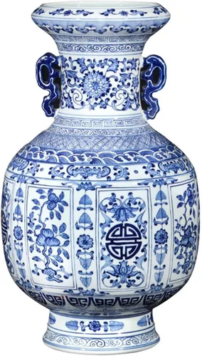 Florero de escultura florero de cerámica chino retro pintado a mano azul y blanco, florero de porcelana grande de 16.5 pulgadas para decoración de