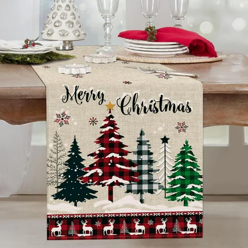 Miniatura 7 de Bonhause - Camino de mesa a cuadros de árboles de Navidad de búfalo, camino de mesa de reno de cuadros de búfalo rojo y negro para decoración