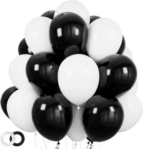 100 globos blancos y negros de látex gruesos de 12 pulgadas para decoraciones de cumpleaños, bodas, fiestas de graduación (globo blanco negro)