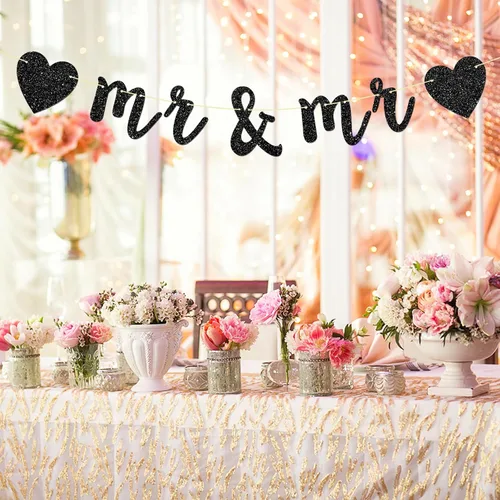 Miniatura 5 de Cartel de Mr&Mr Banner, pareja gay, despedida de soltera, compromiso, decoraciones de fiesta de boda gay, cartel de EnGayged, purpurina negra