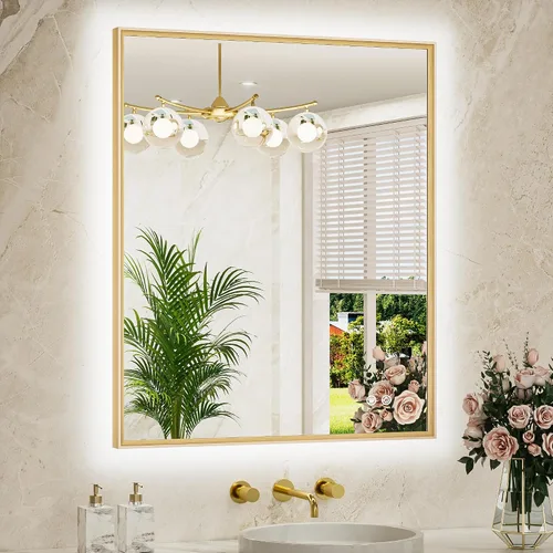 TETOTE Espejo de baño retroiluminado de 30 x 36 pulgadas, marco de metal dorado cepillado, luz LED, 3 colores, blanco/cálido/natural, sin escalones,