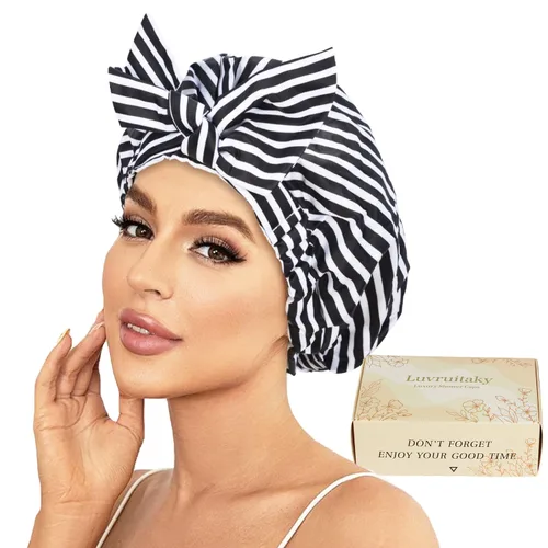 Miniatura 13 de 2 piezas de gorras de ducha para mujer, gorras de ducha reutilizables impermeables para el cabello con moño ajustable, lujosa gorra de baño