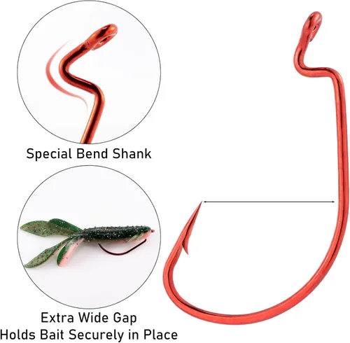 Miniatura 3 de Dr.Fish EWG - Ganchos para pesca de lubina, extra ancho, para pesca de agua dulce, carolina/Texas Rig Rojo