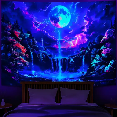 Miniatura 8 de Heopapin Tapiz de luz negra con hongos reactivos a los rayos UV, tapices de fantasía, luz de luna, montaña, bosque, paisaje, misteriosa, selva