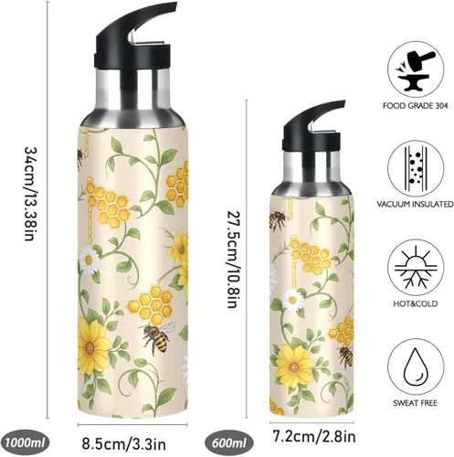 Miniatura 2 de Yellow White Flowers Insulated Water Bottle 32 Oz, BPA-Free Sports Water Bottle Leakproof Water Bottles