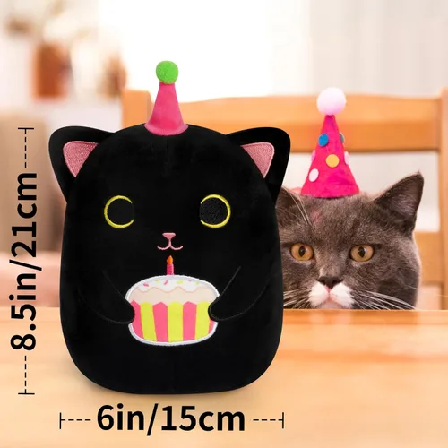 Miniatura 5 de Peluche de gato negro de 8 pulgadas con pastel, lindo regalo de cumpleaños negro para niñas, niños y gatos, decoración de la habitación del hogar