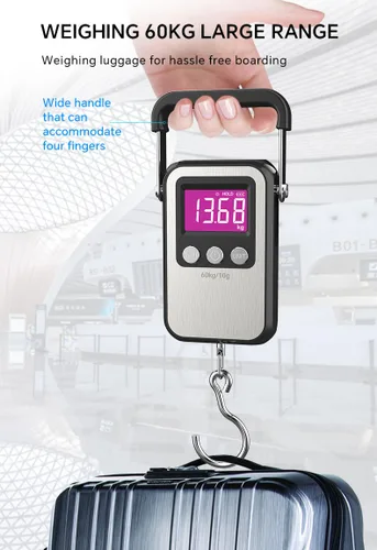 Miniatura 2 de Báscula digital de peso para equipaje de 132 libras, 132.3 lbs, báscula de pescado, 2 pilas AAA (no incluidas) (negro)