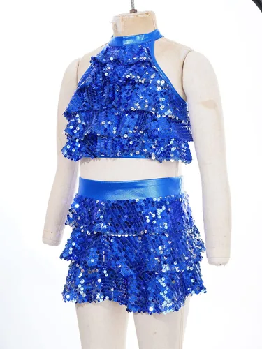 Miniatura 53 de JEATHA Top corto con borlas y lentejuelas brillantes para niñas, con minifalda, jazz latino, salsa, samba, rumba, baile