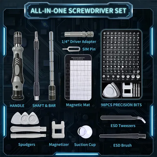 Miniatura 7 de Juego de 2 destornilladores de precisión: 122 puntas magnéticas Kit de reparación electrónica para mantenimiento de equipos de oficina - portátil
