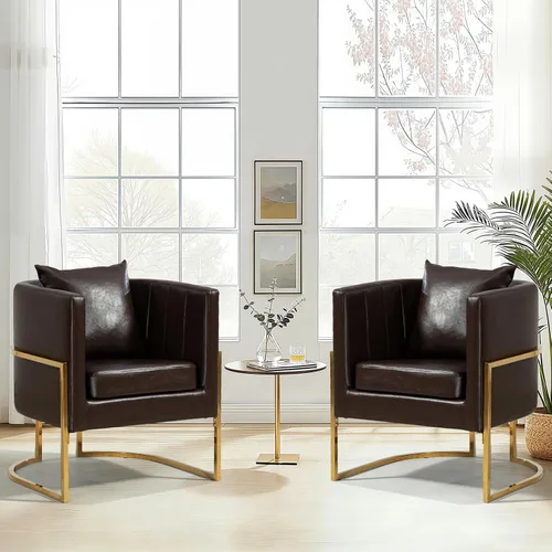 Miniatura 30 de Silla moderna de cuero, sillón tapizado de mediados de siglo con almohada para sala de estar, cómoda silla de tocador individual con patas doradas